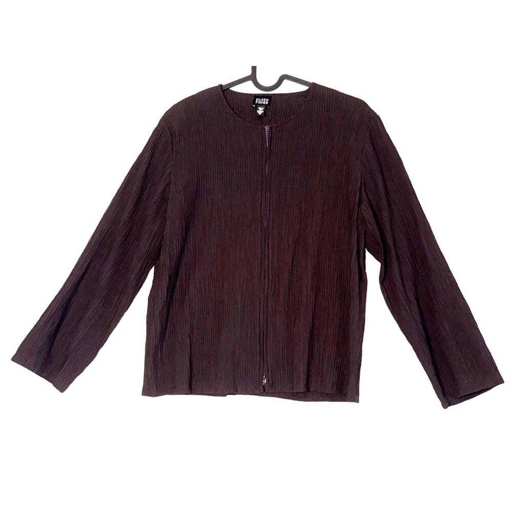 Eileen Fisher Choc Brown Long Sleeve Crinkle Jacket/Cardigan Double Zip Size Med